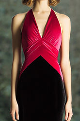 Schwarz Fuchsia Langes Meerjungfrauen Neckholder Ballkleid aus Samt